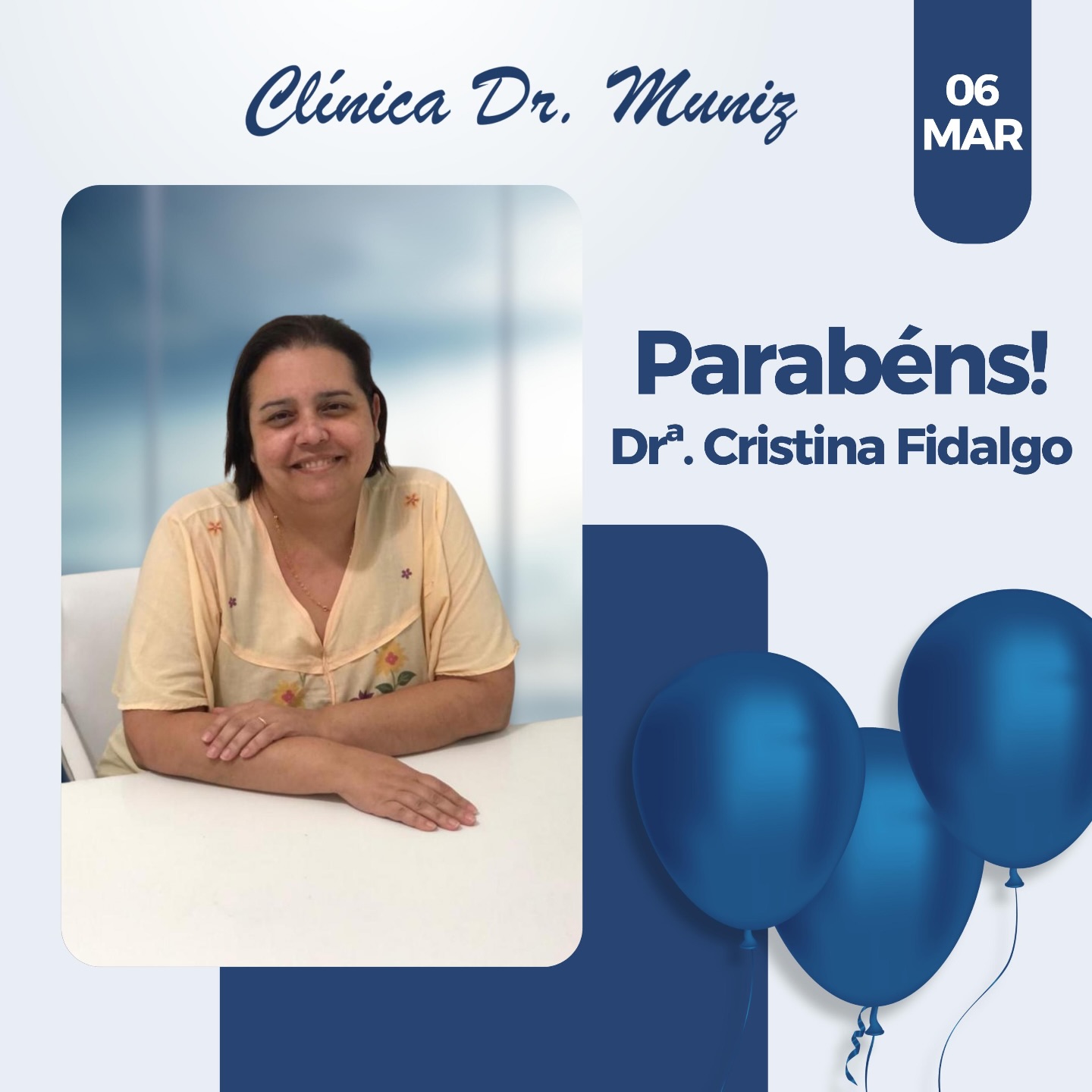 Hoje é dia de comemorar a vida de quem faz a diferença todos os dias com dedicação, ética e cuidado.
Desejamos um novo ano repleto de saúde, sucesso e boas energias.Feliz aniversário, Drª. Cristina! 🎉Com carinho,
Equipe Clínica Dr. Muniz 💙